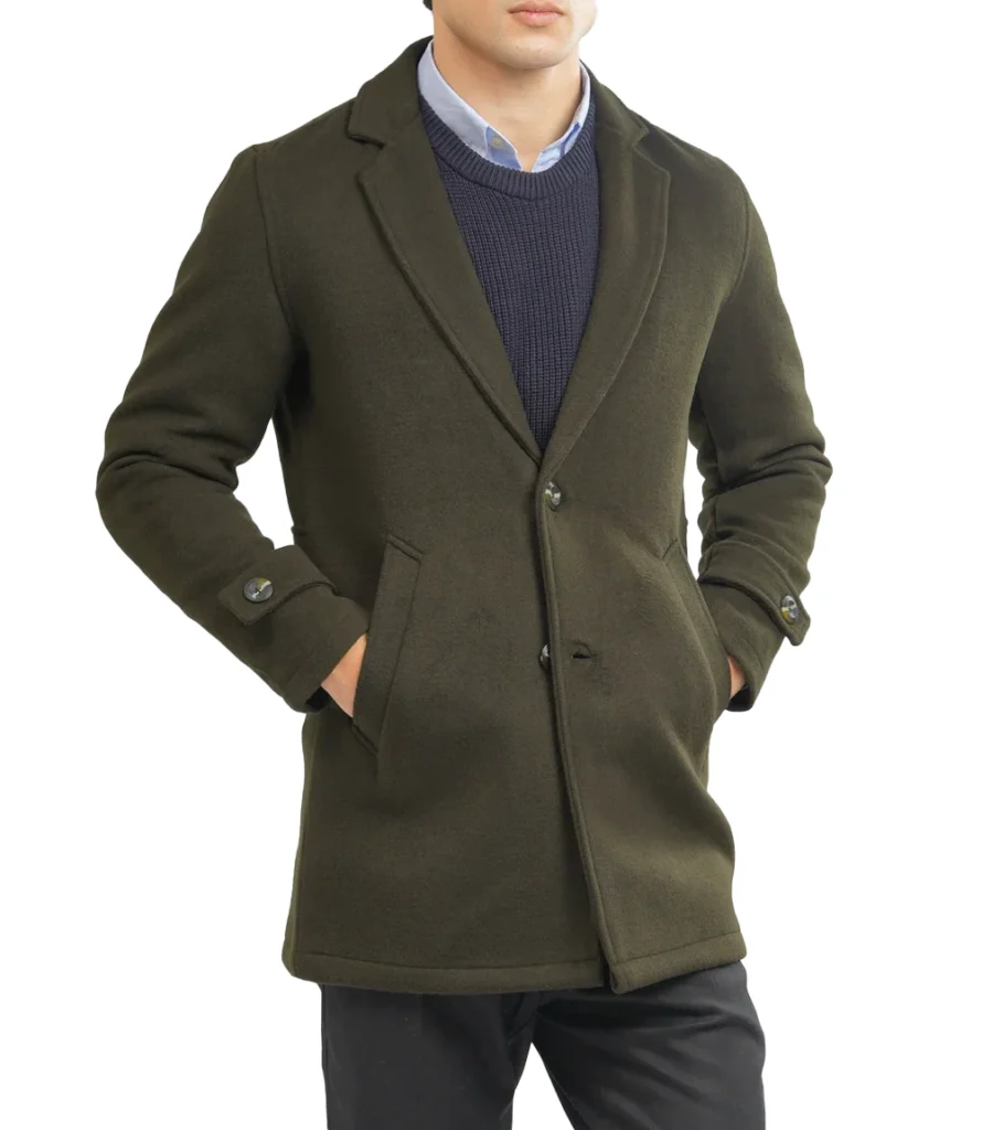 Knit Edge Olive Green Wool Blended Over Coat