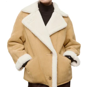 Knit Edge Suede Leather Brown Shearling Collar Jacket