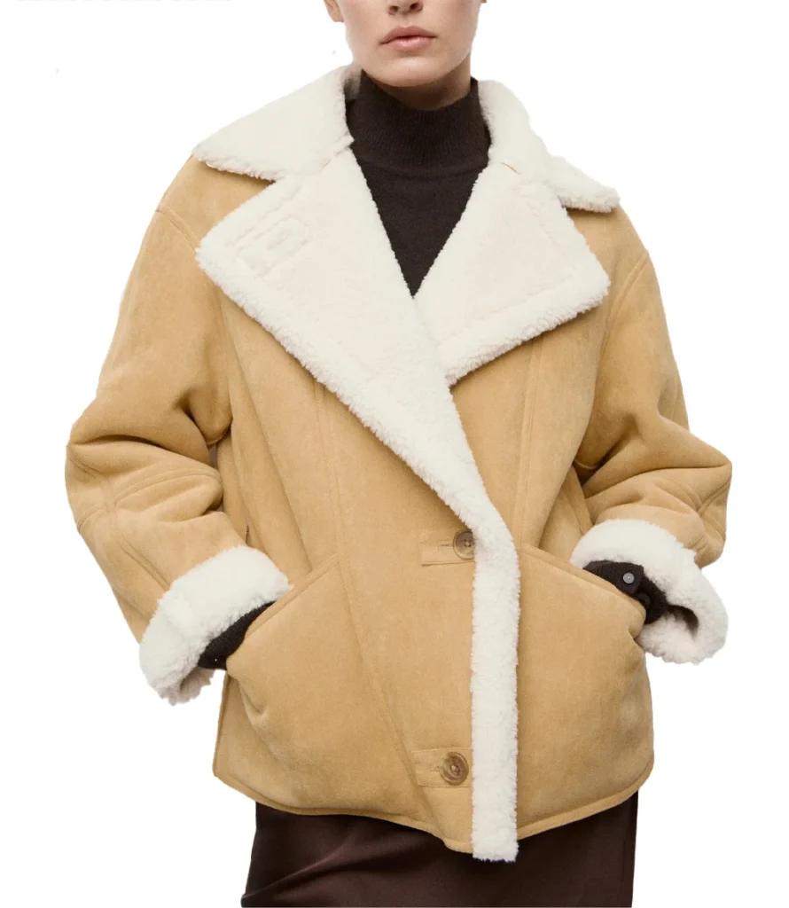 Knit Edge Suede Leather Brown Shearling Collar Jacket