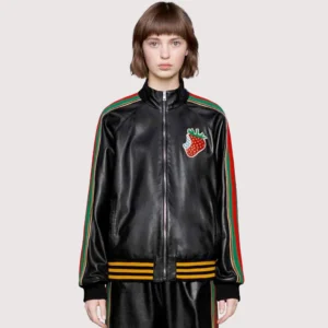 Gucci Black Leather Strawberry Patch Track Jacket